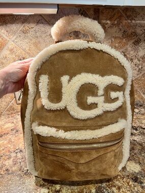 UGG Chestnut Suede Backpack with Cream Shearling Trim